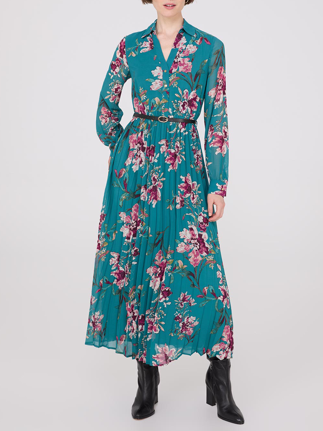 Floral Print Belted Chiffon Dress