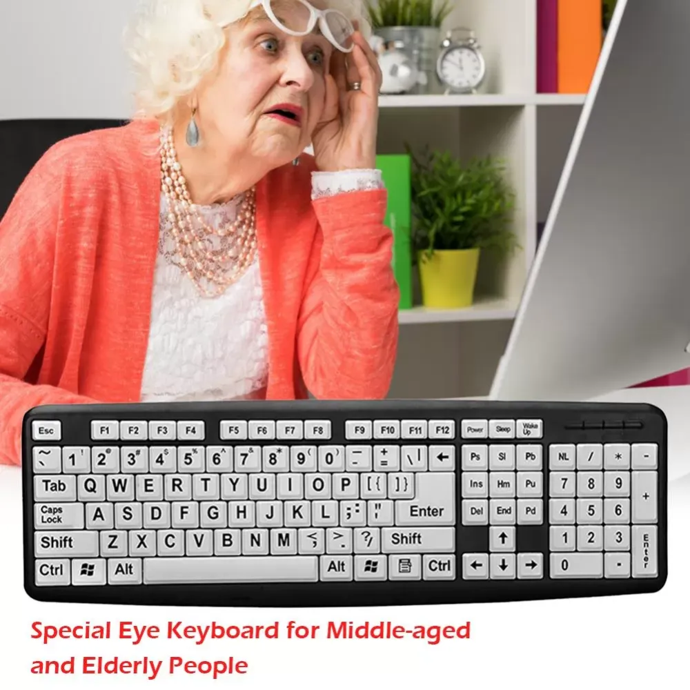 107 Key USB Wired Big Print White Key Black Letter Keyboard for Elder Old People Designed for People With Visual Impairment