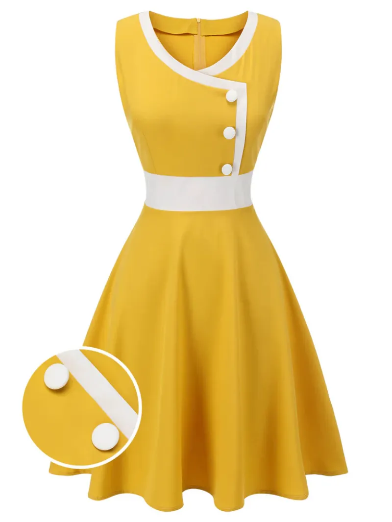 YELLOW & WHITE 1940S BUTTONS PATCHWORK DRESS