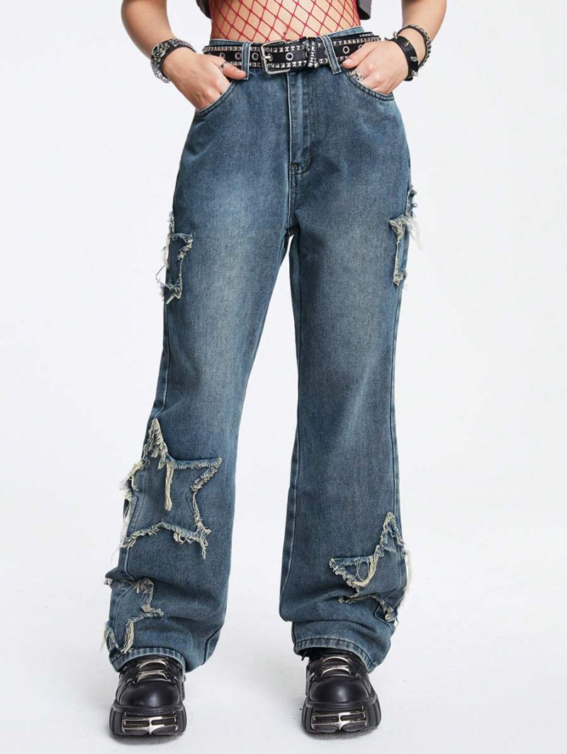 Grunge Punk Retro Cool Street Style Star Patch Embroidered Loose Straight Denim Trousers