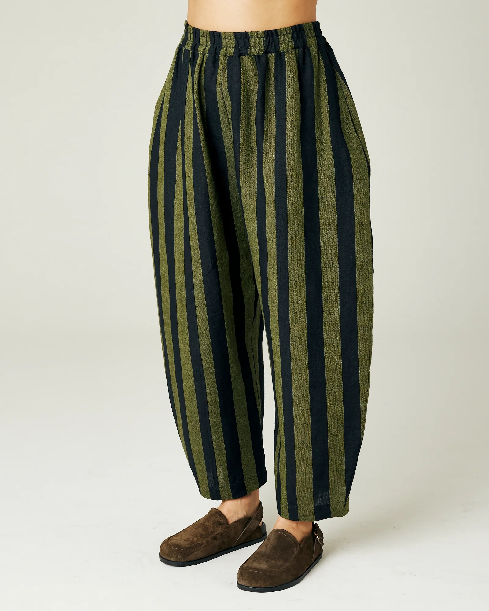 OLIVE AND BLACK STRIPE LINEN TROUSERS