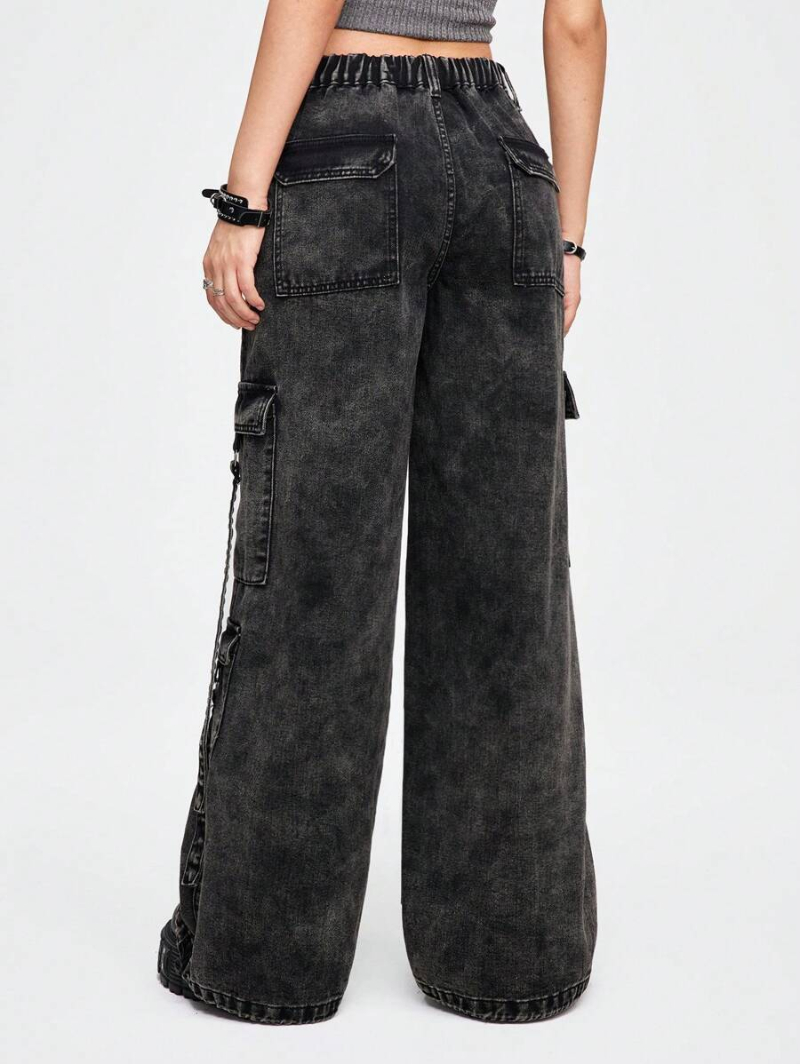 Grunge Punk Grunge Street Fashion Retro Hip-Hop Heavy Industry Distressing Snowflakes Washed Ultra-Low Waist Loose Wide-Leg Jeans With Adjustable Cuffs