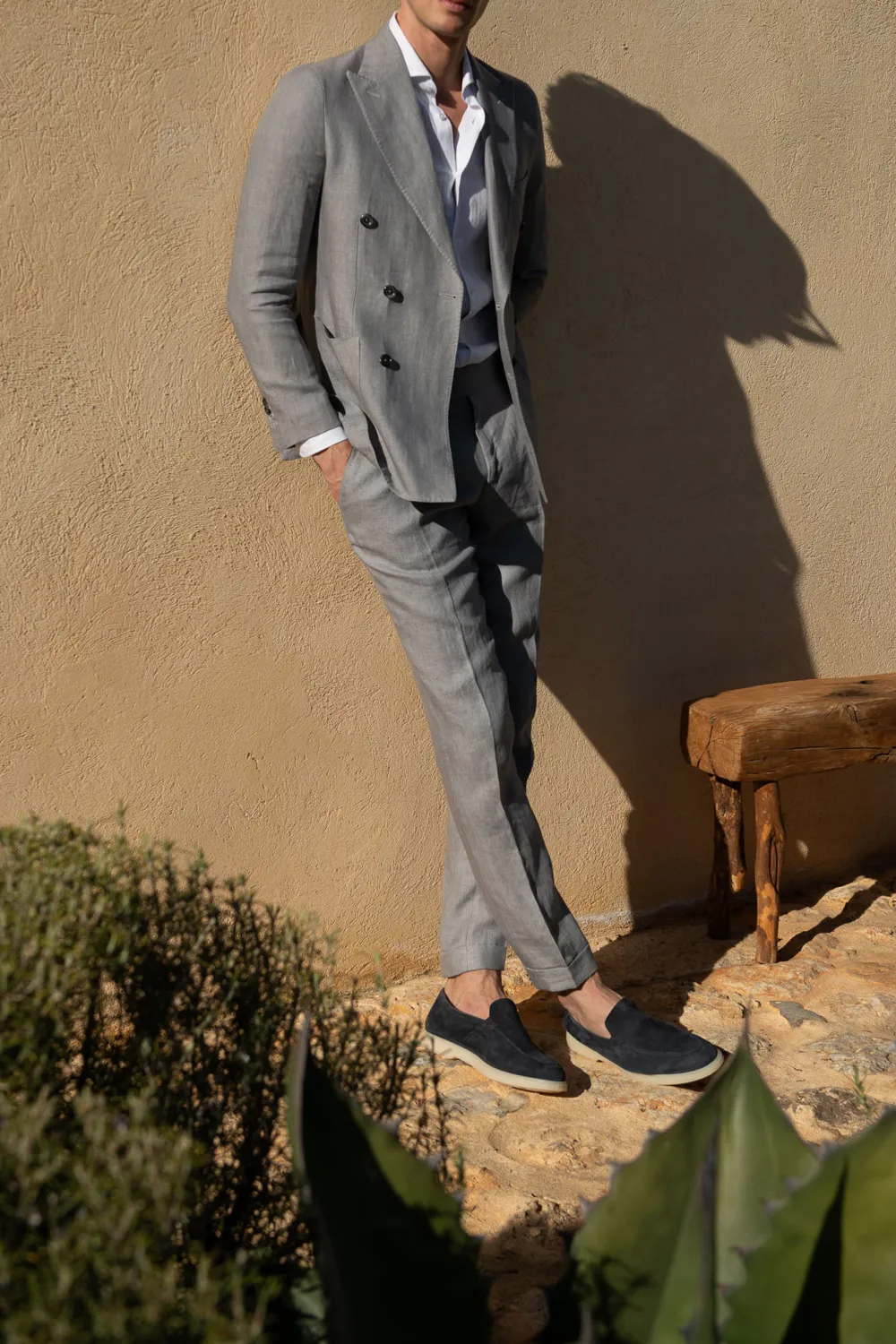 Sky Grey Herringbone Double Breasted Linen Jacket