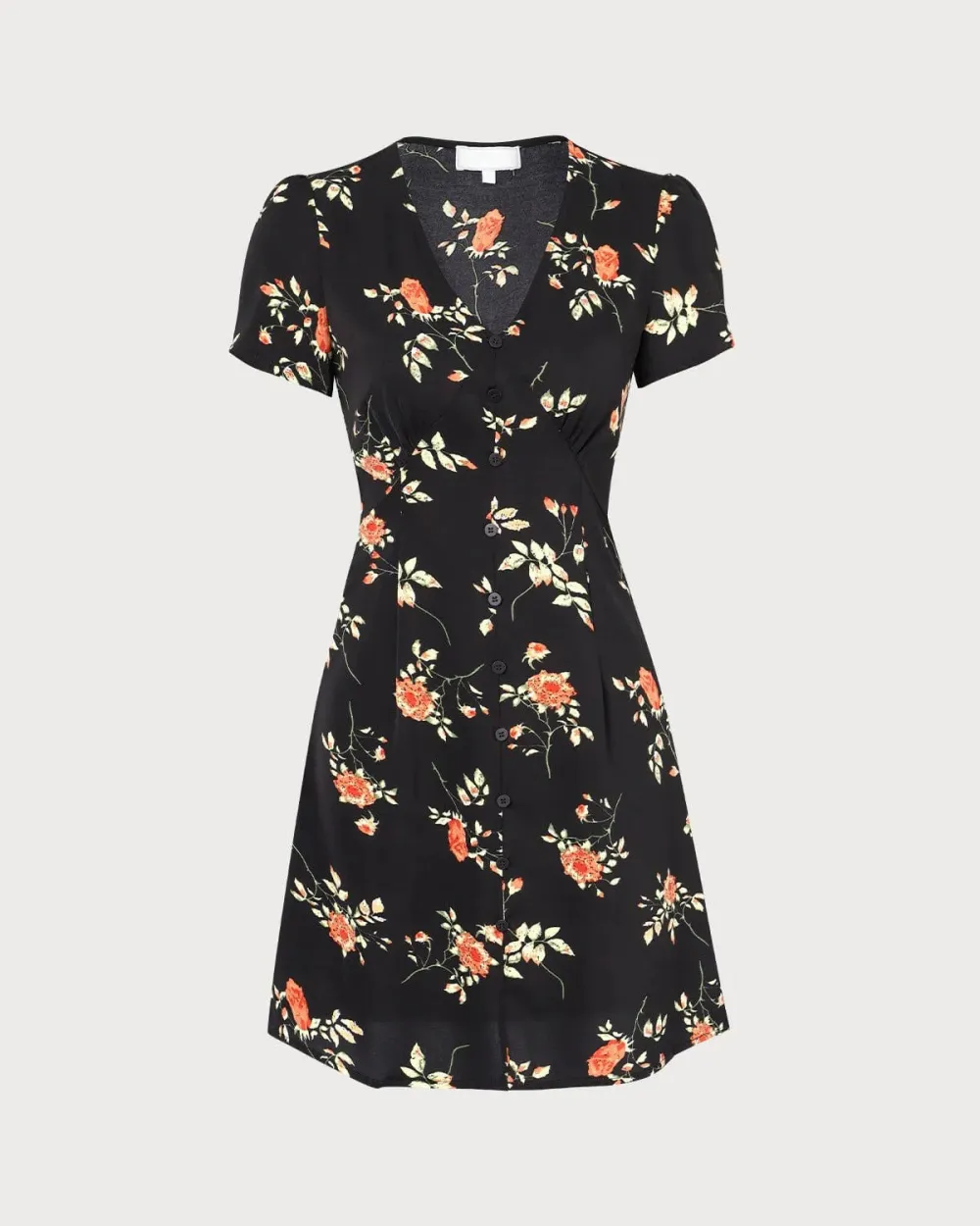 V-neck black floral print dress