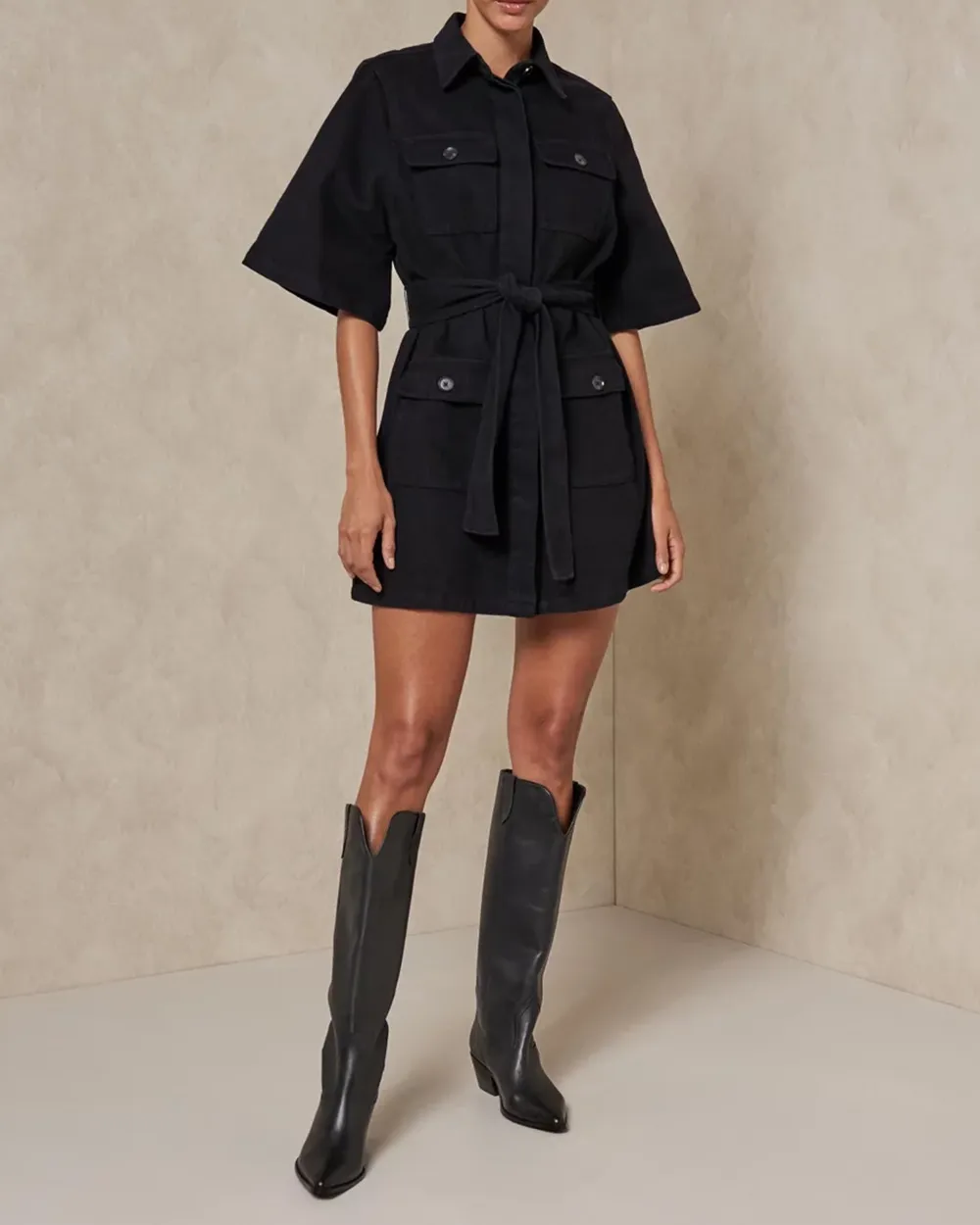 Cotton Wide Sleeve Twill Shirt Dress