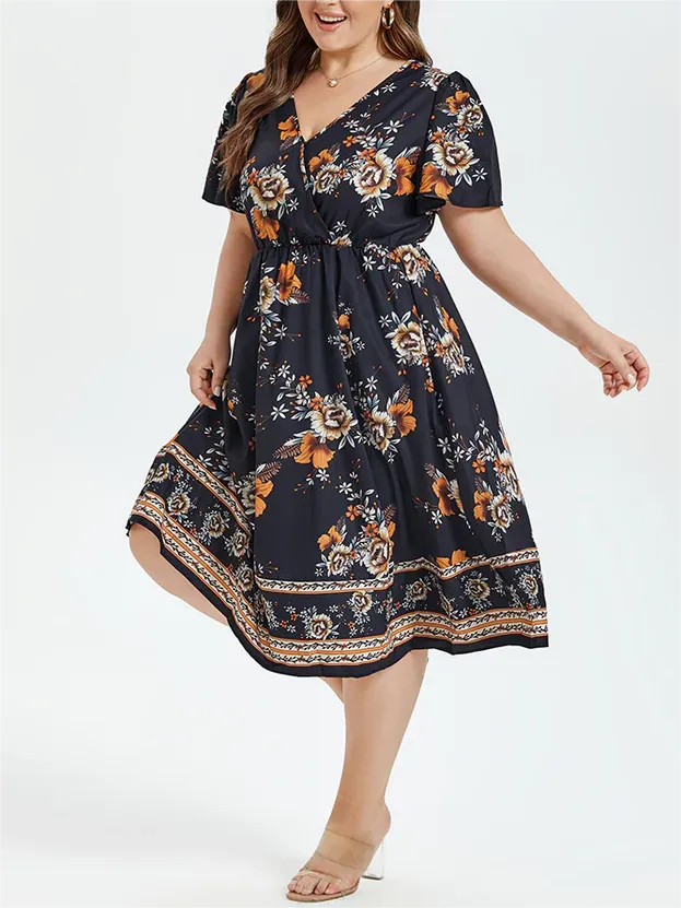 Floral Print V-Neck Butterfly Sleeve Elastic Waist Midi Dress