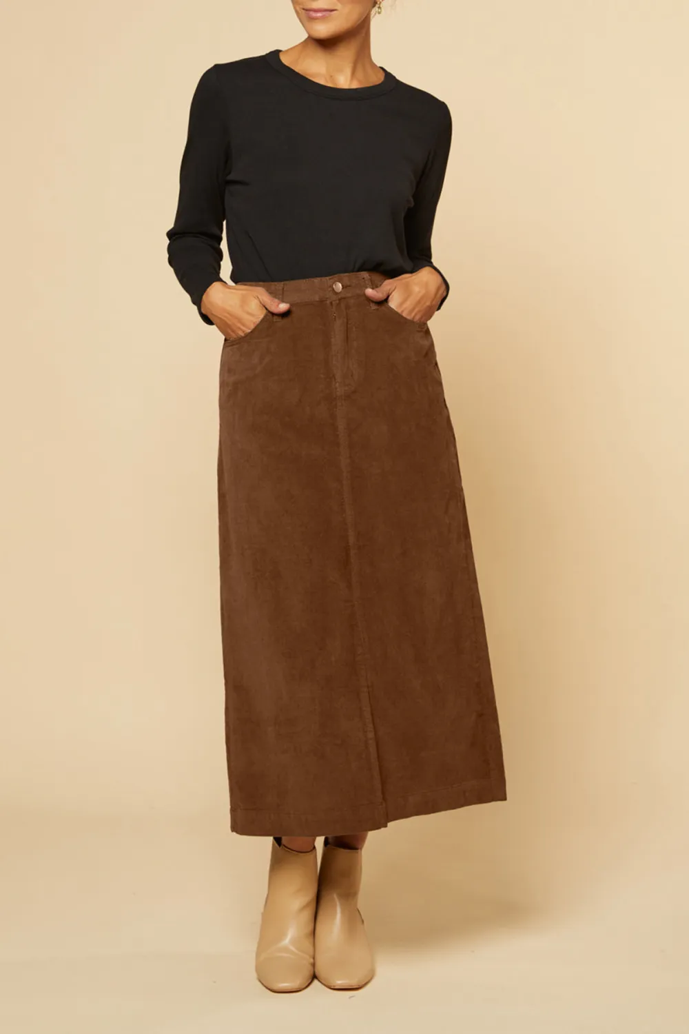 Adrift Split Brushed Cotton Skirt in Chocolate