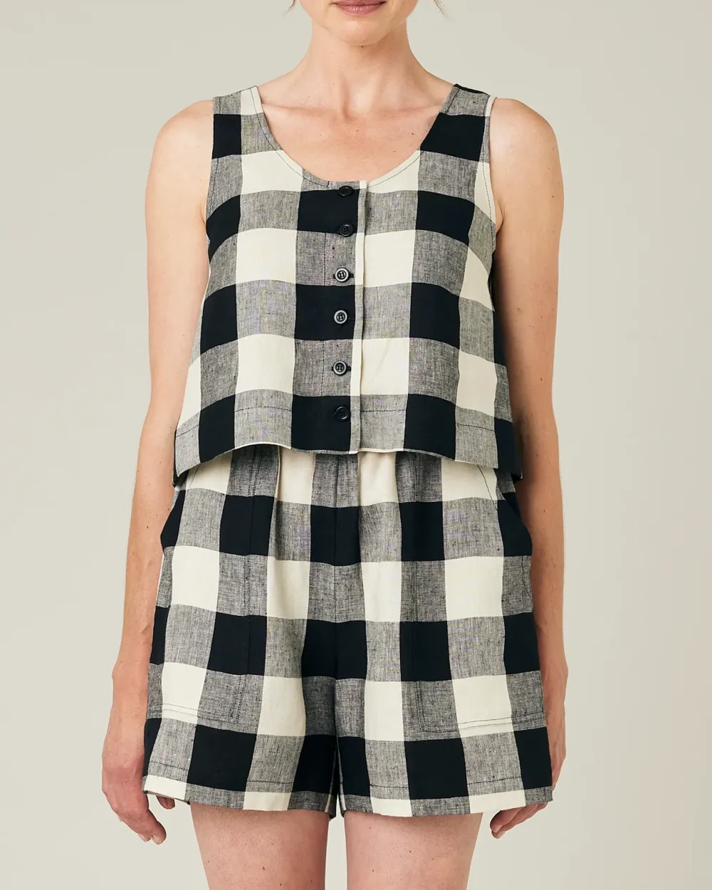 BETTY STONE & BLACK MEGA CHECK LINEN TOP