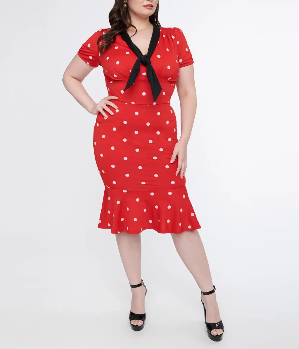 Unique Vintage Plus Size Red & White Polka Dot Neck Tie Wiggle Dress