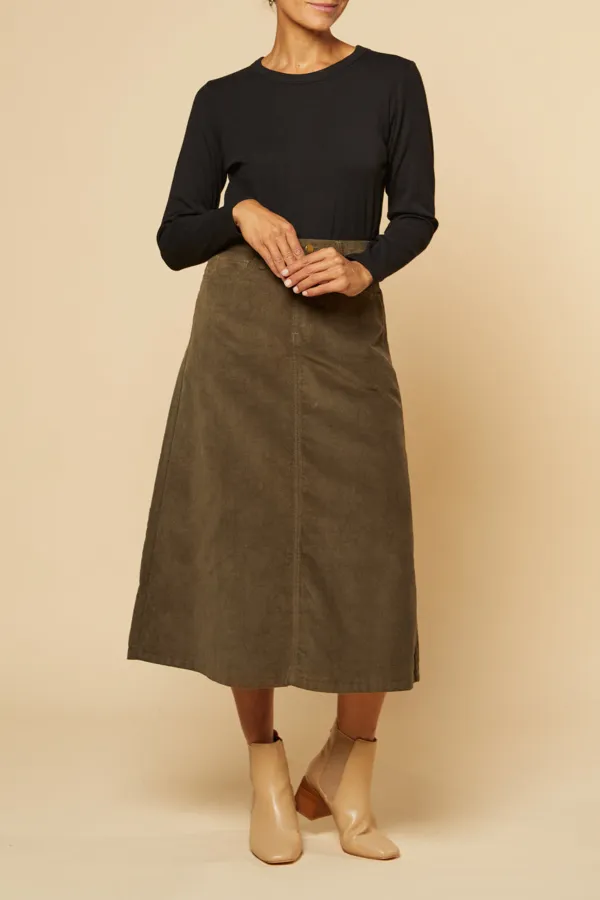 Adrift A-Line Brushed Cotton Skirt in Olive