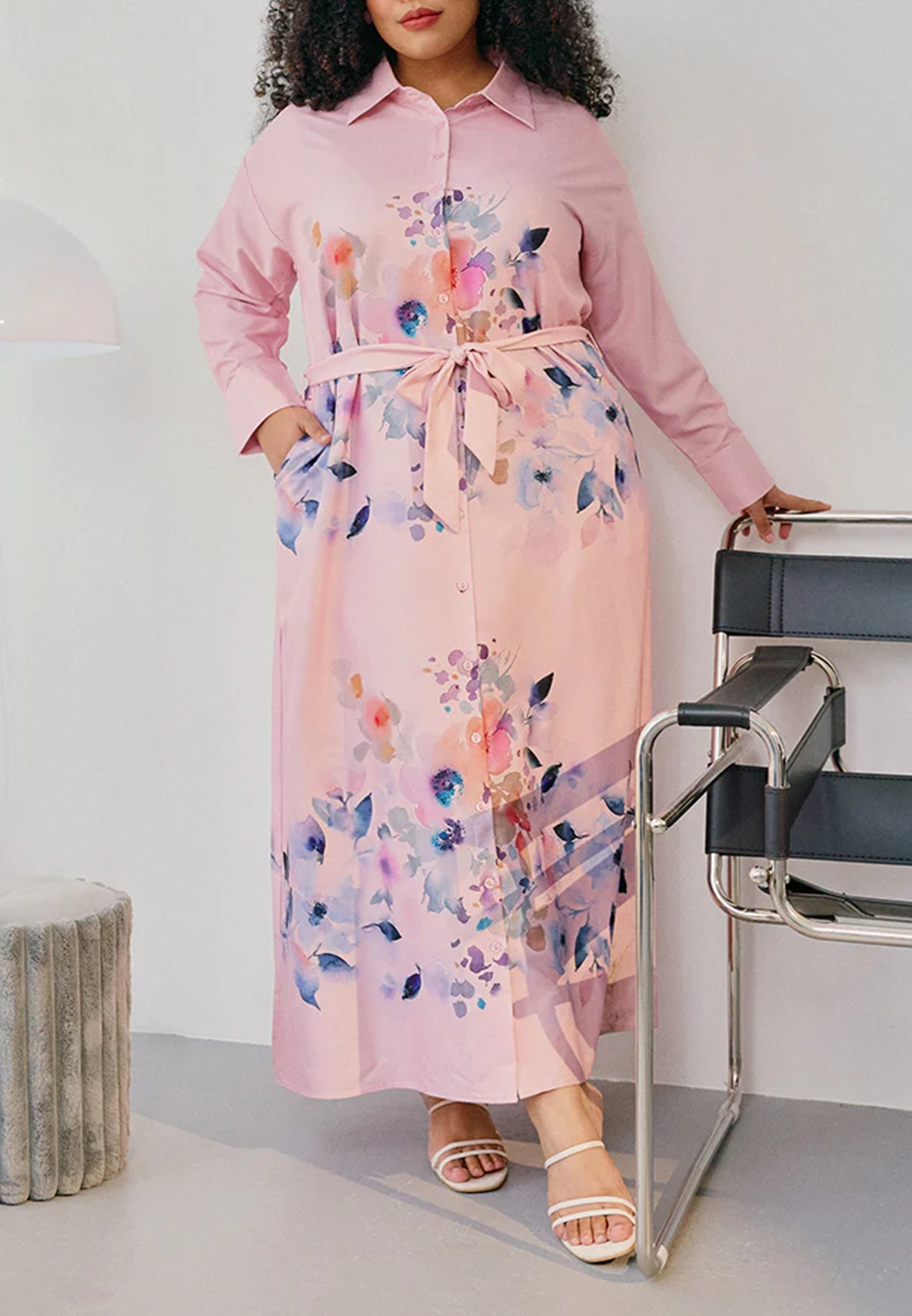 Floral Belted Long Shirt Dress