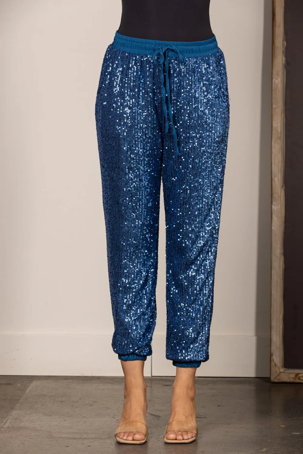 BLUE SEQUIN HIGH WAISTED DRAWSTRING JOGGER PANTS