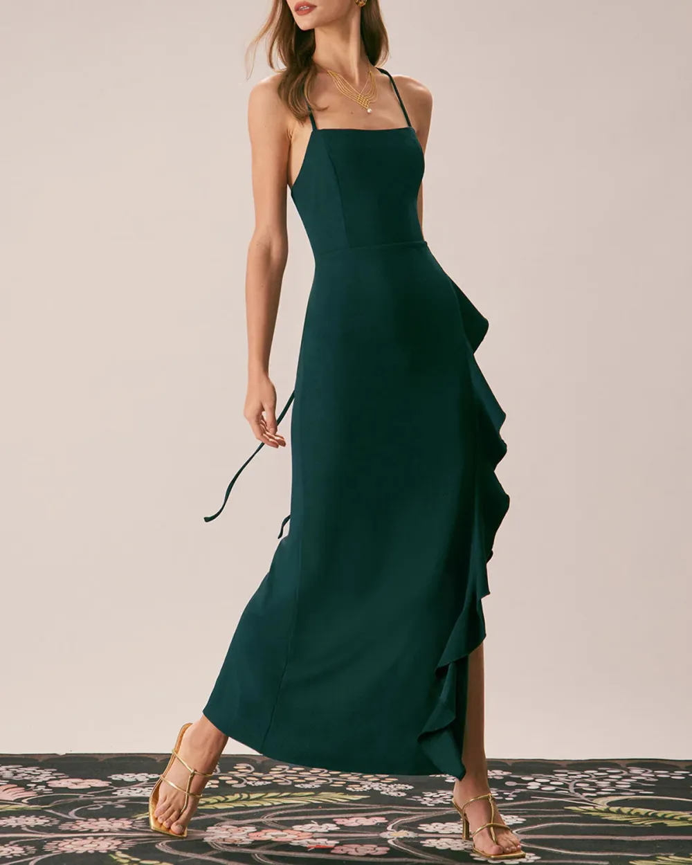 Dark green back cross strap long dress