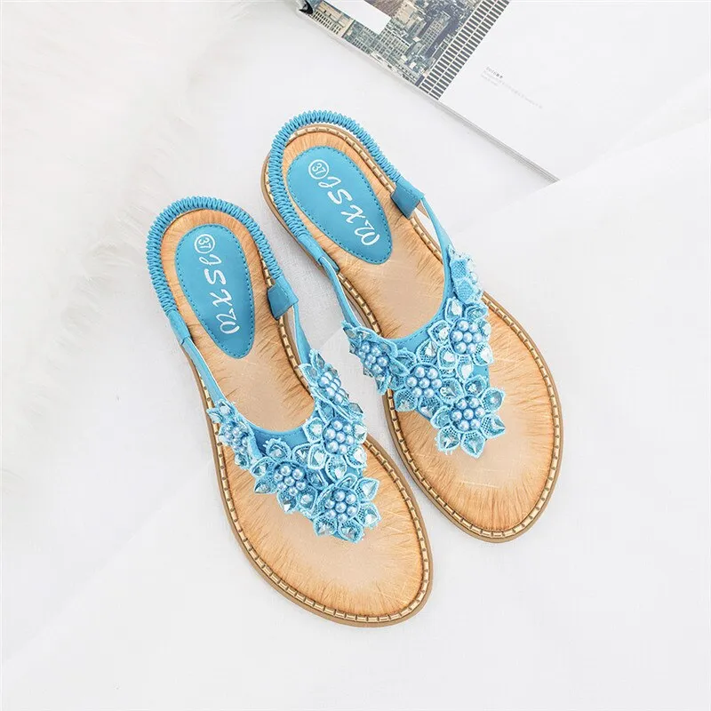 Cilool New Fashion Bead Flower Round Toe Flip-flop Sandals