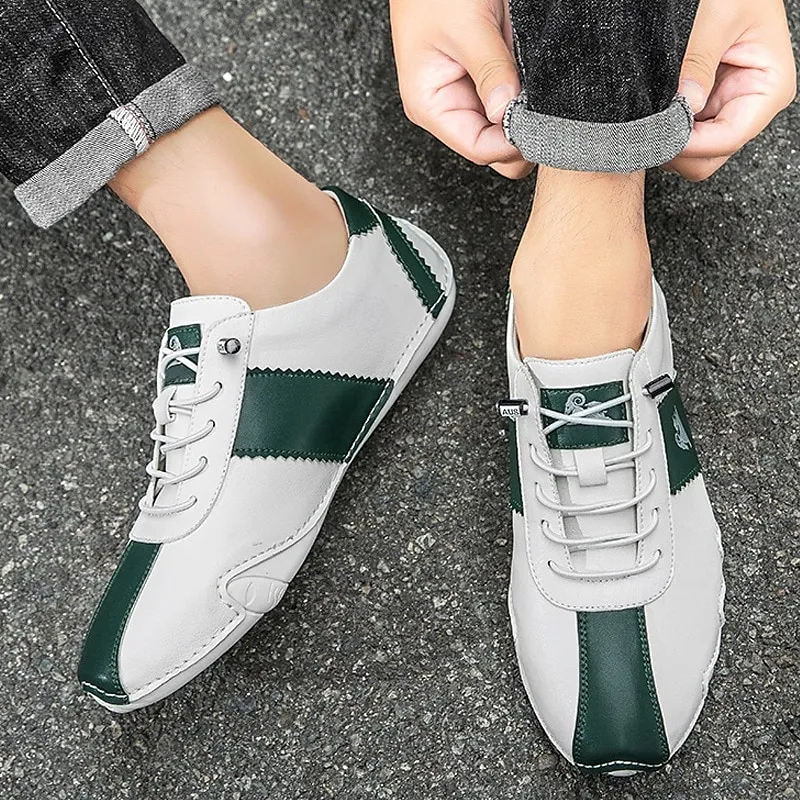 Men's White and Green Casual Sneakers with Unique Wavy Sole and Lace-Up Design – Comfortable Everyday Sport Shoes