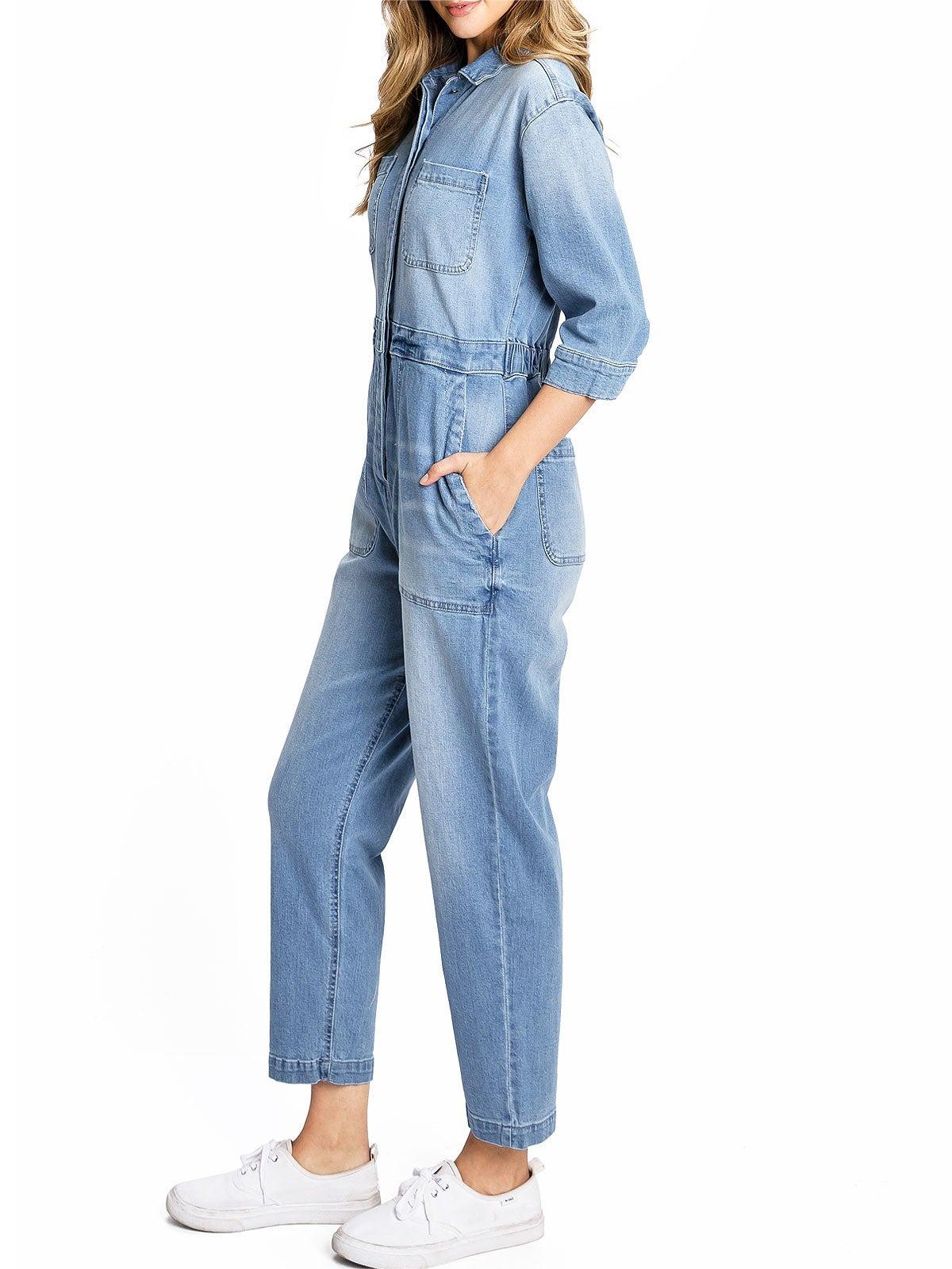 Lana Roux Aviator Relax Denim Utility Coverall Jumpsuit