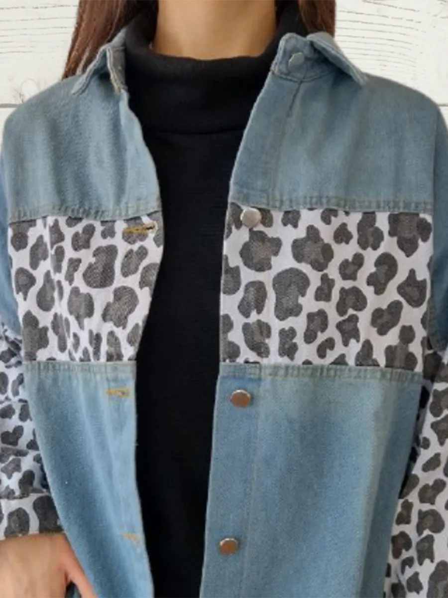 Women's Casual Elegant Leopard Denim Jacket