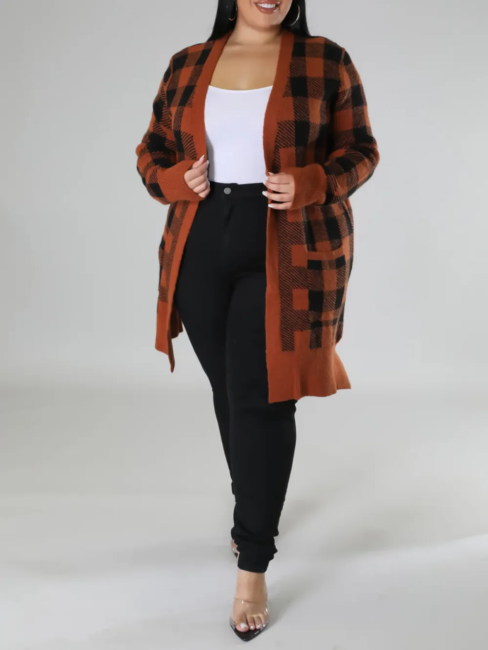 Plaid Knit Coat For Plus-Size Fashion Women