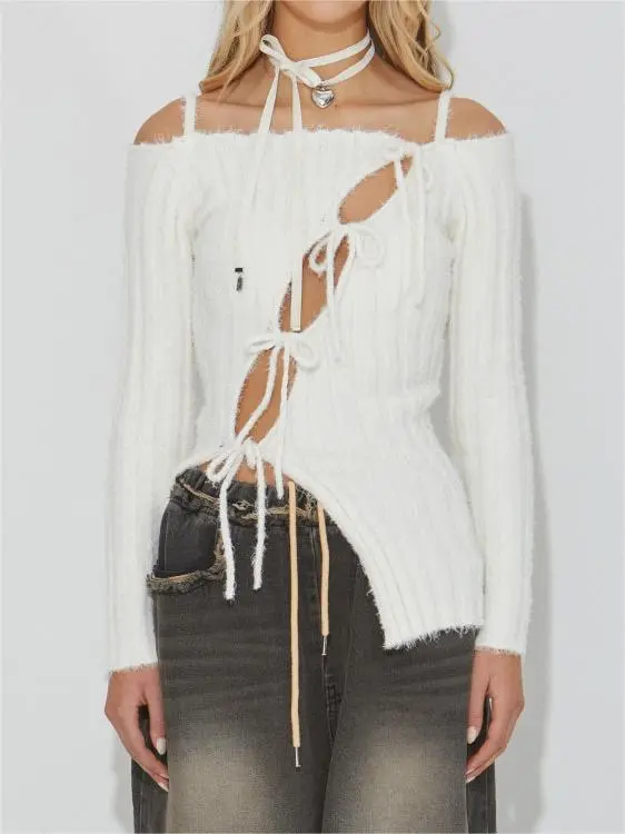 Knitted Cut-out Lace-up Sweater