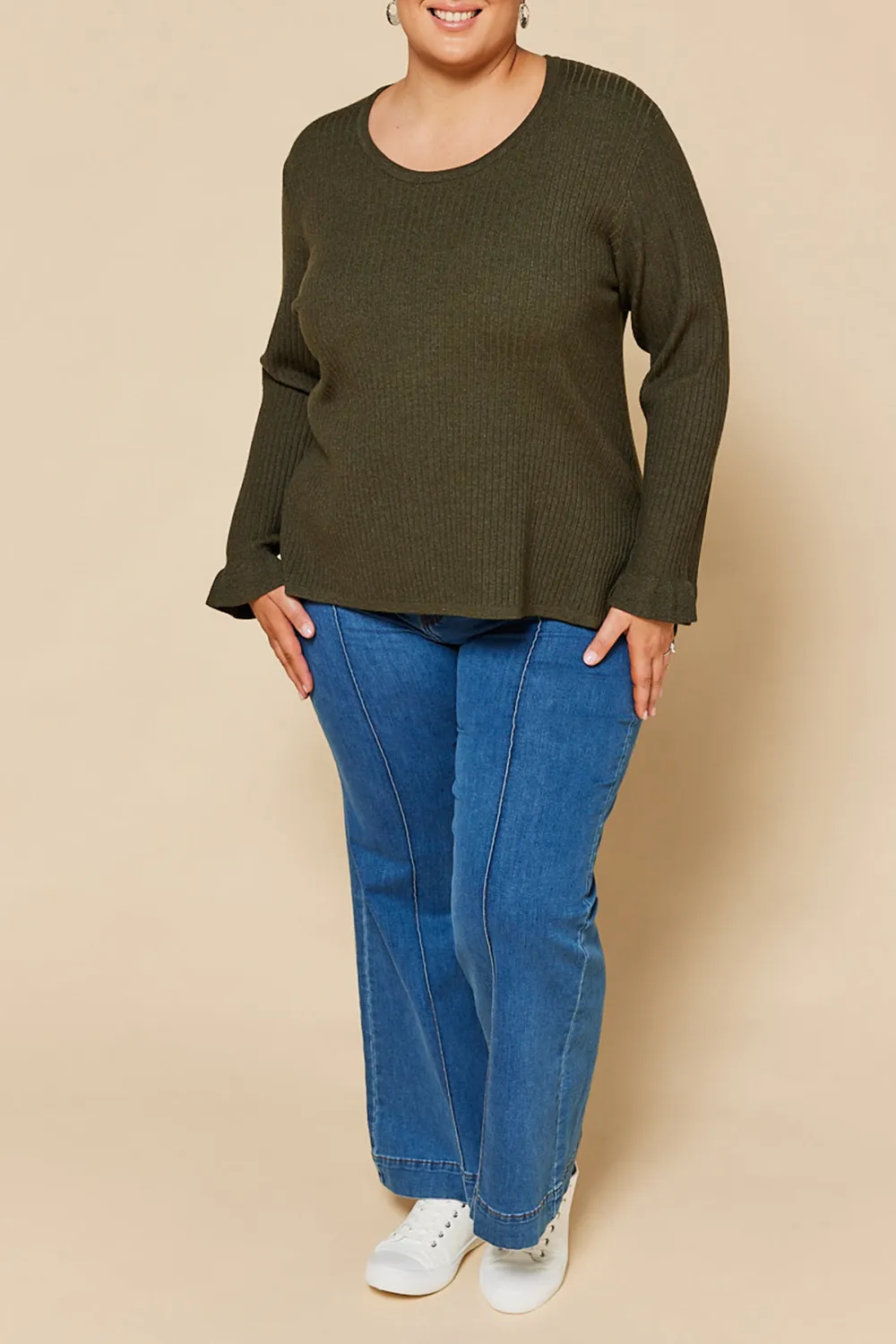 Long Sleeve Knitted Top In Khaki