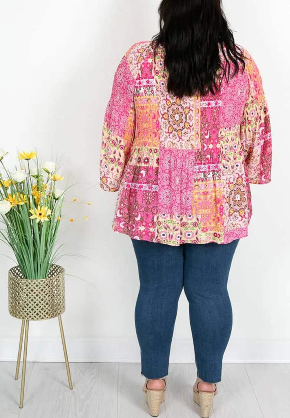 Pink and Yellow Paisley Pleat Top