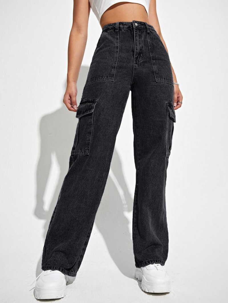 High Waisted Flap Pocket Cargo Jeans