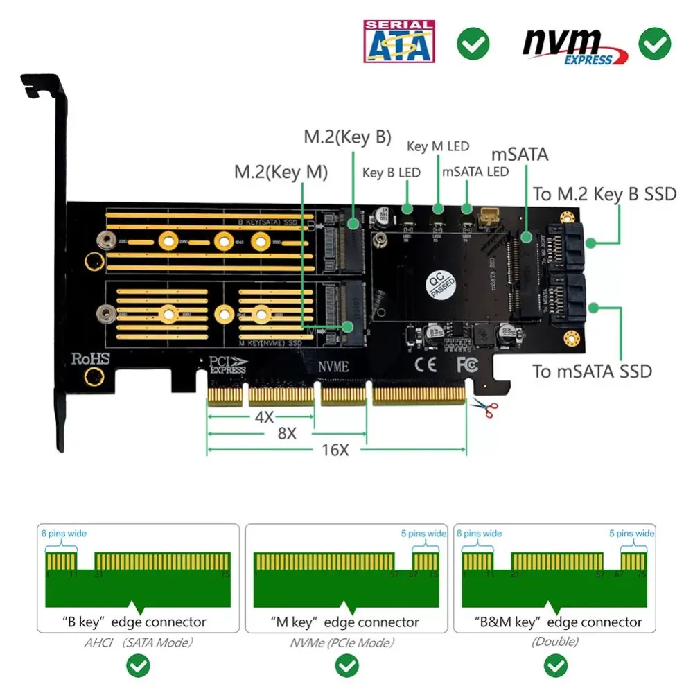 3 in 1 NGFF PCIE Apapter M.2 NVME Converter M.2 SATA 3 Channel SSD Read Write LED Indicator to PCI E 4X SATA3 SSD Apapter