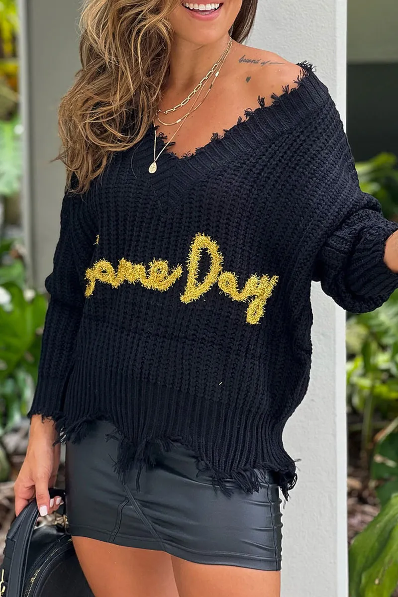 Black V Neck Frayed Game Day Sweater