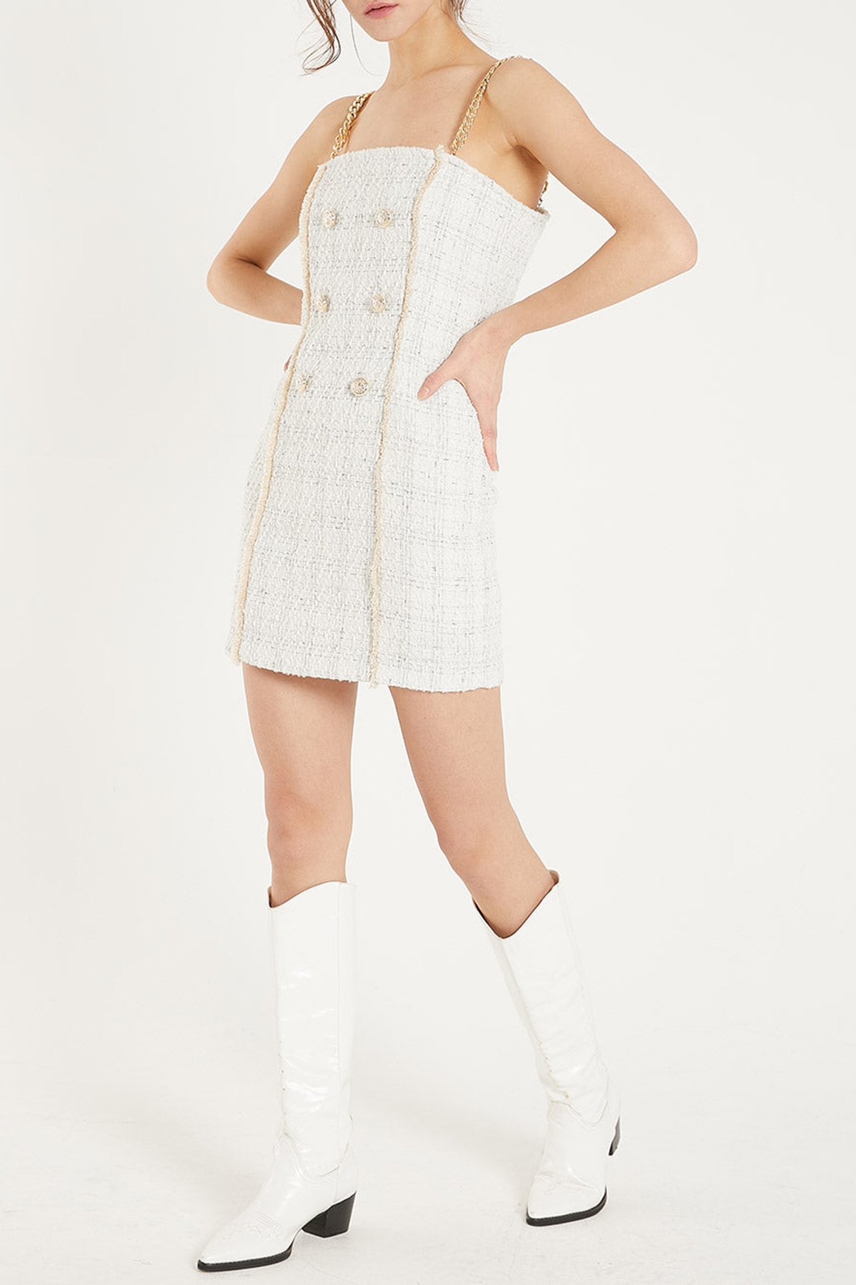 Vivi Tweed Mini Dress with Gold Chain