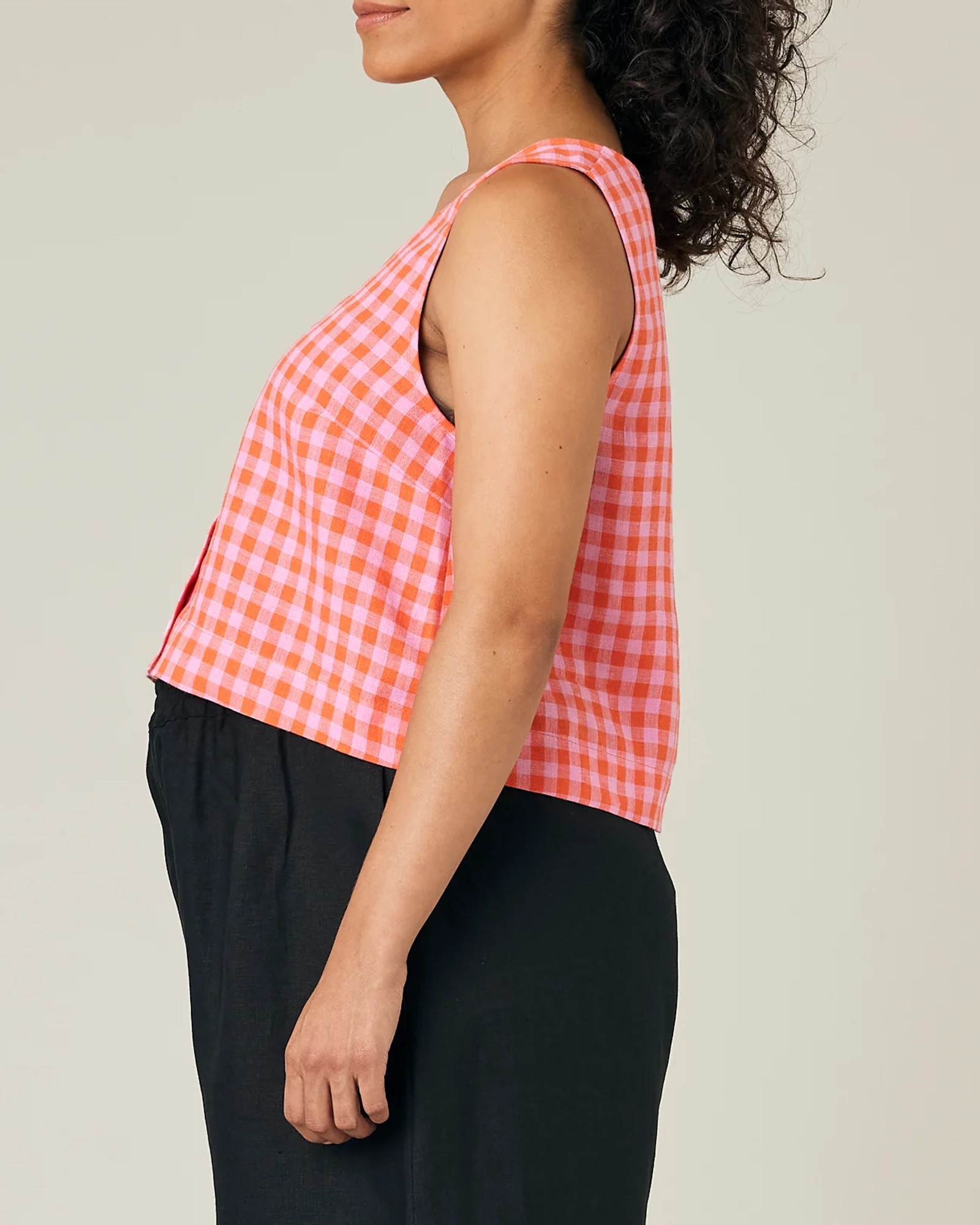 BETTY TOMATO & PINK CHECK LINEN TOP