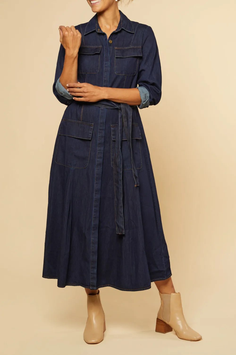 River Chambray Pocket Dress in Dark Wash