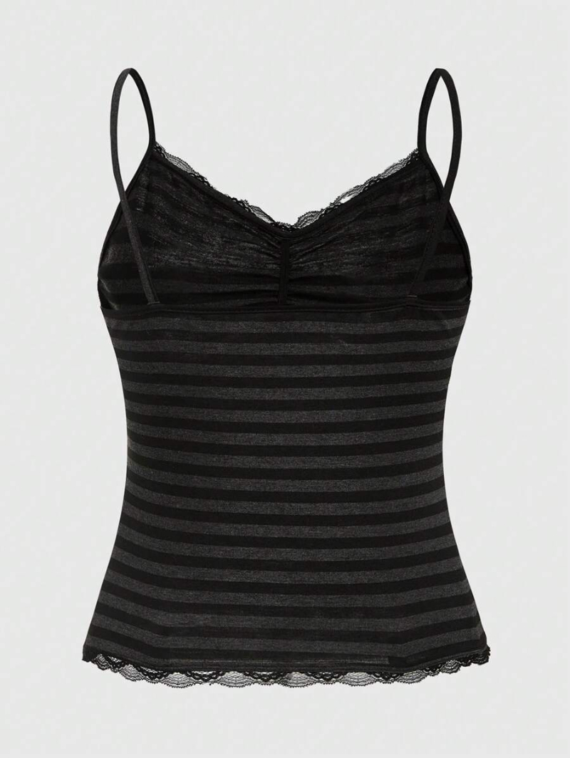 Goth Summer Plus Size Striped Cami Top With Ruffled Chest And Lace Trim