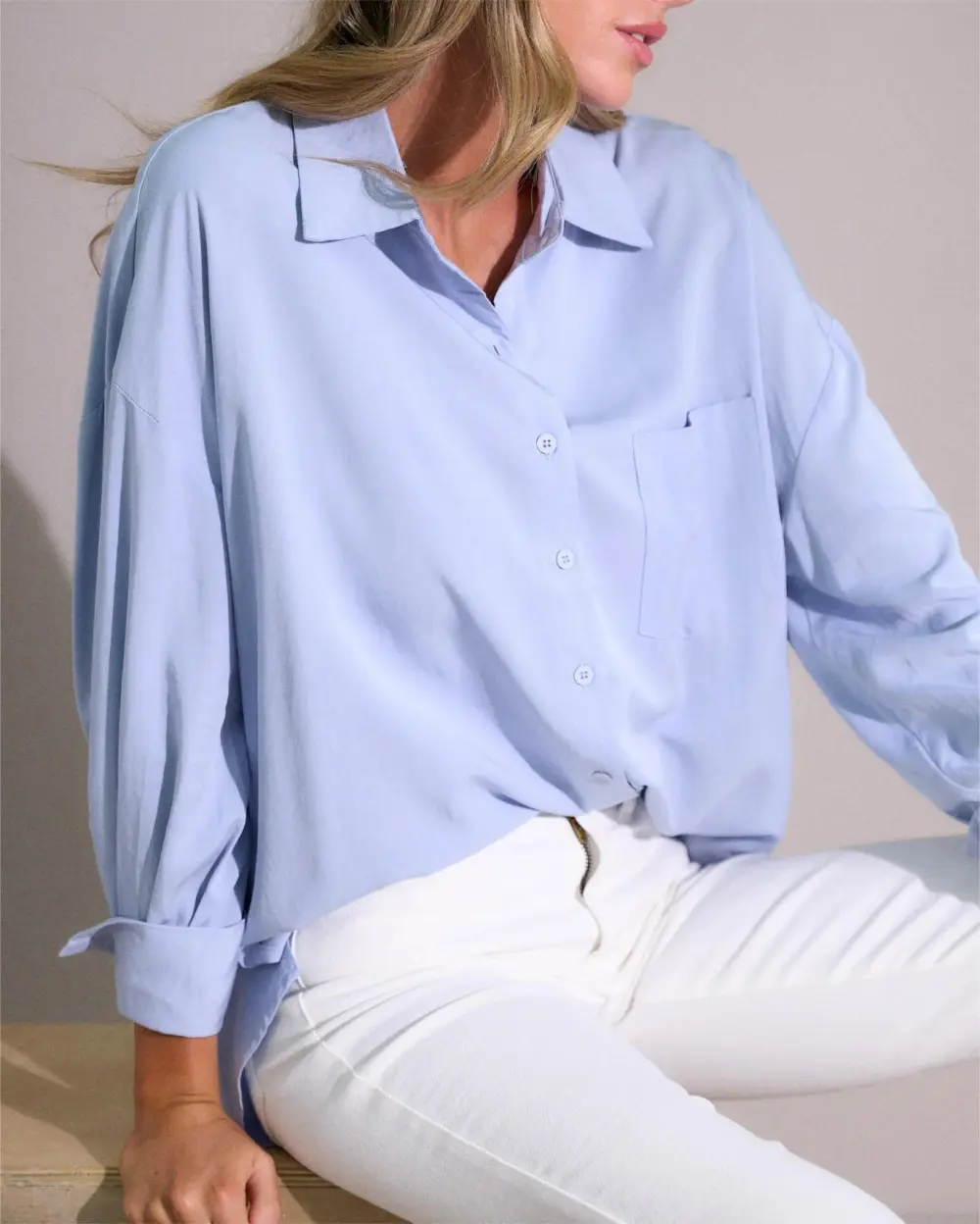 ALL THE SAME BLUE LONG SLEEVE BUTTON FRONT TOP