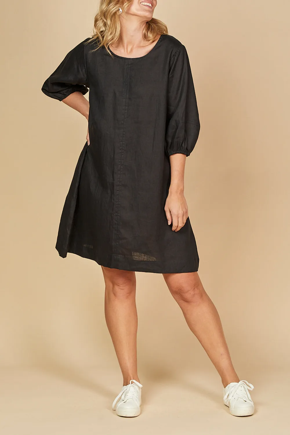 Hazel Short Linen Shift Dress in Black