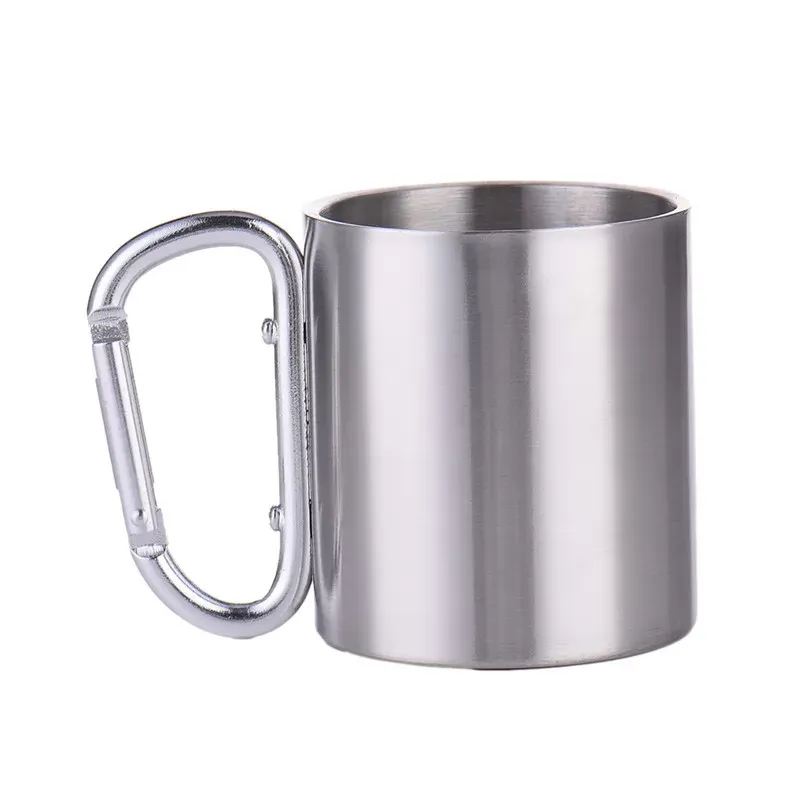 Portable 180ml Stainless Steel Metal Cup Hiking Camping Traveling Outdoor Carabiner Climbing Cups Double Wall Mug with D-Ring Self-Lock Carabiner Hook