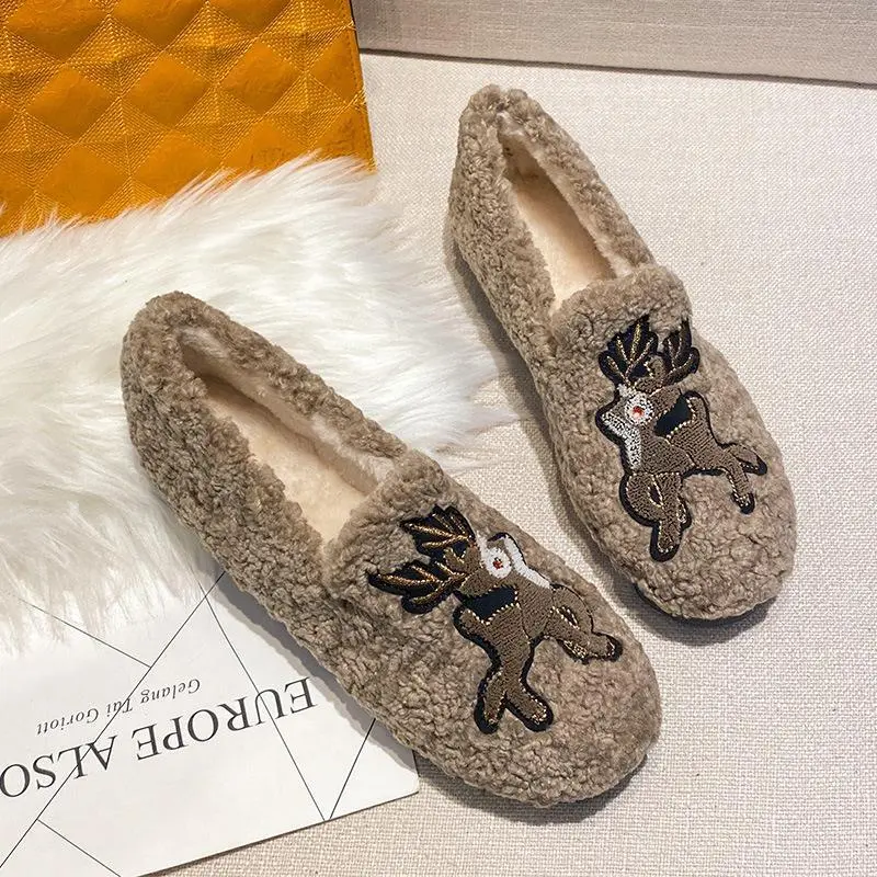 Furry Outer Wearing Flats Loafers Pearl Decor Backless  Wild Fluffy Flat Mules Warm