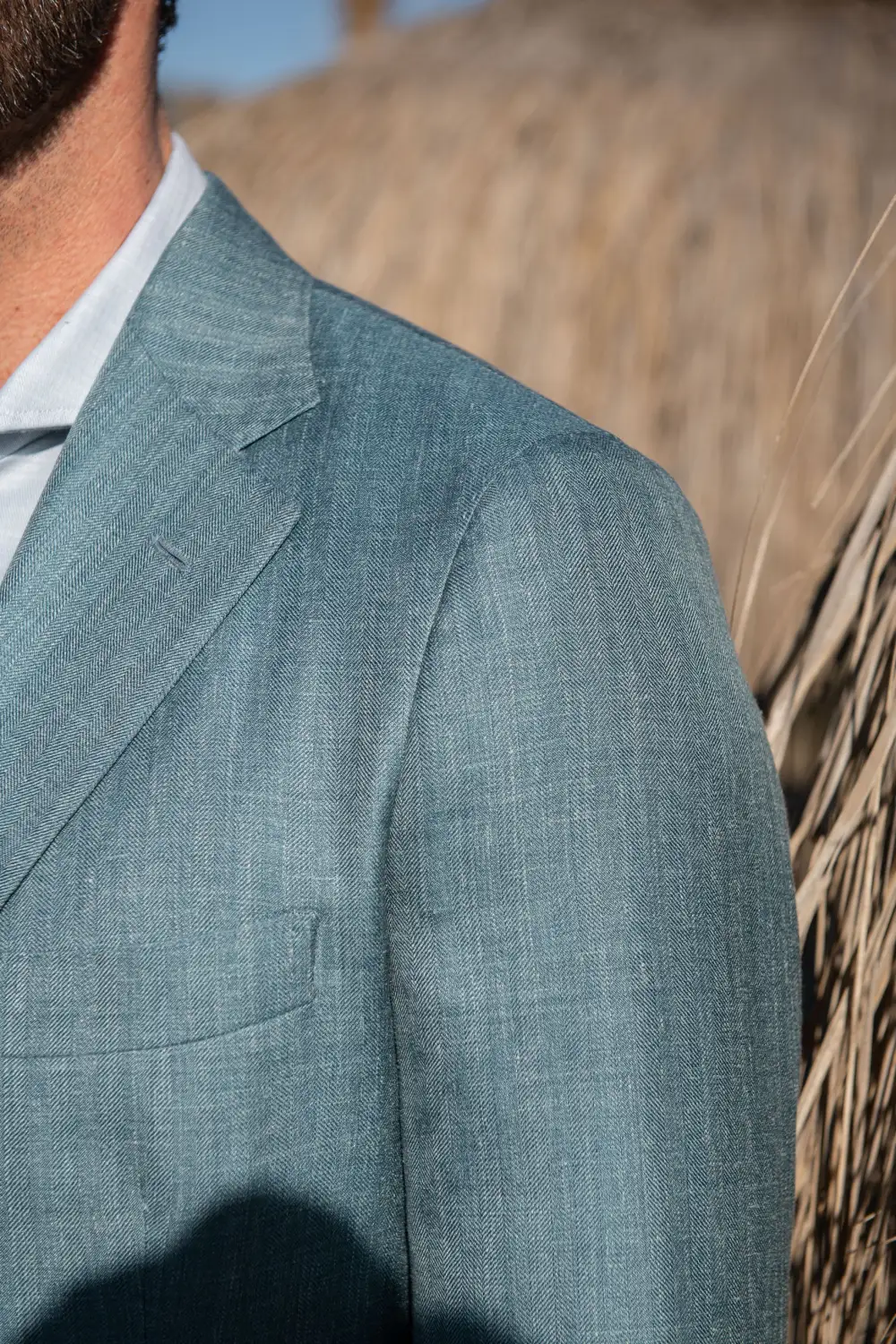 Water Green Herringbone Jacket In Loro Piana Wool Silk And Linen