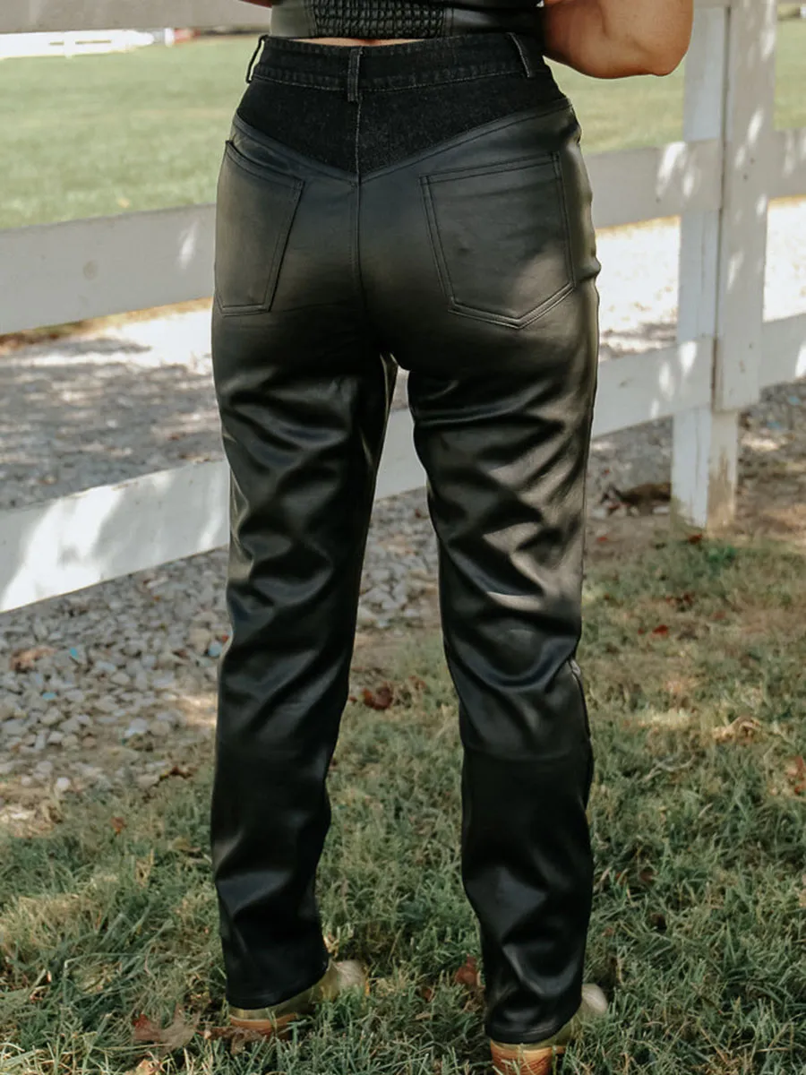 Faux Leather Denim Pants