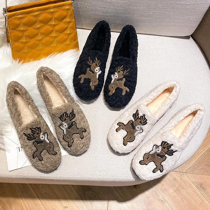 Furry Outer Wearing Flats Loafers Elk Decor Backless  Wild Fluffy Flat Mules Warm