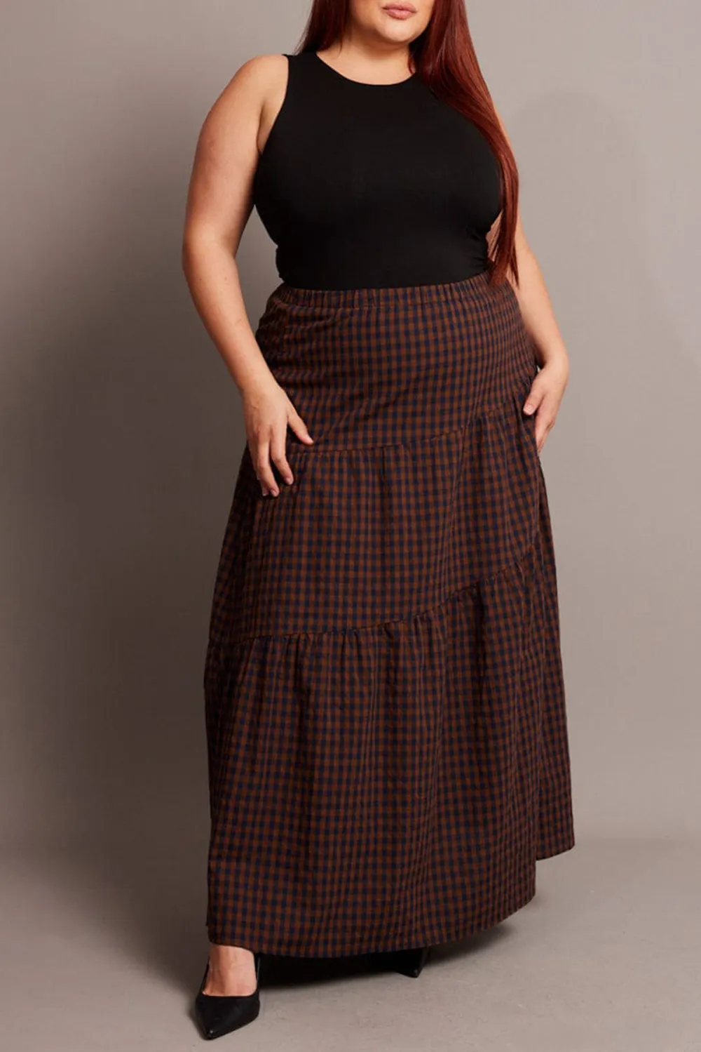 Brown Check Check Maxi Skirt