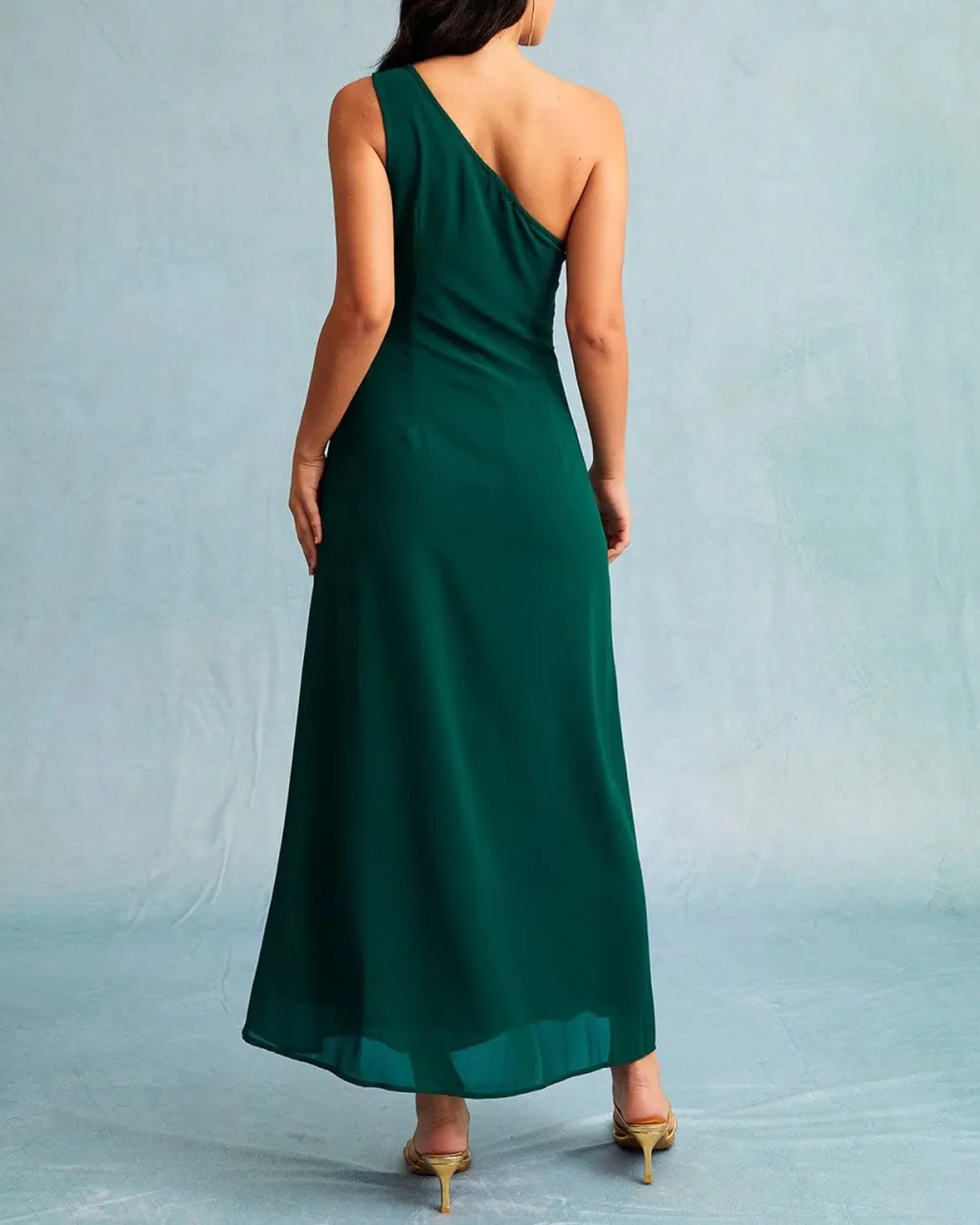 Dark green slanted neckline dress