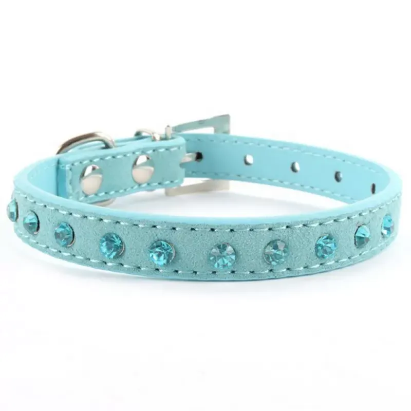 Small Pet Dog Velvet PU Leather Collar Puppy Cat Crystal Rhinestone Neck Strap