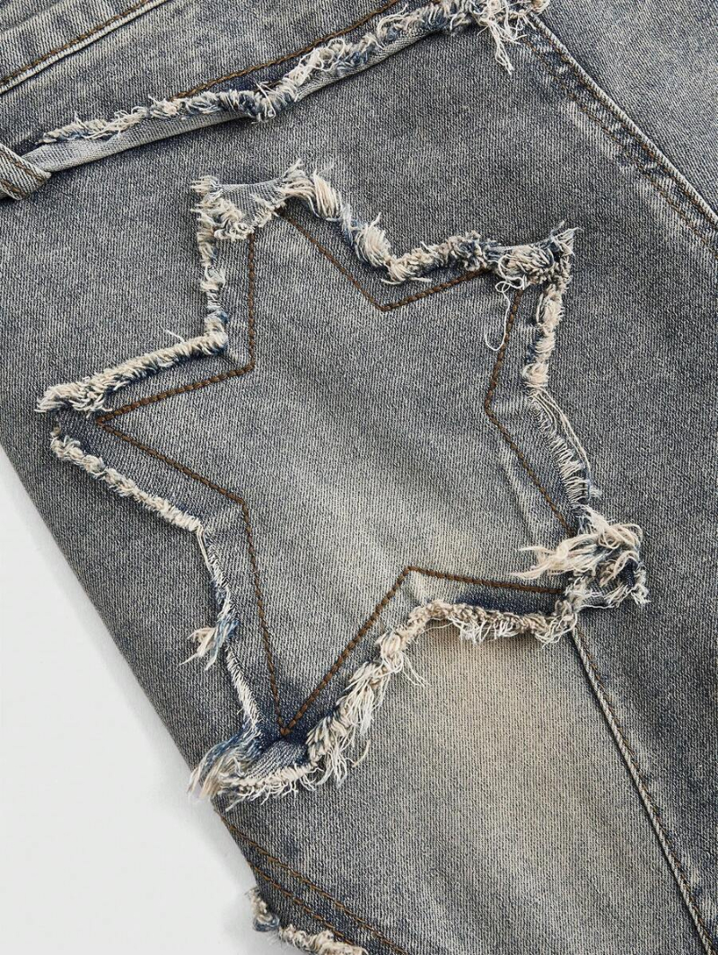 Grunge Punk Y2k Style Street Style Tight-Fit Denim Flared Pants With Star Patches And Frayed Hems