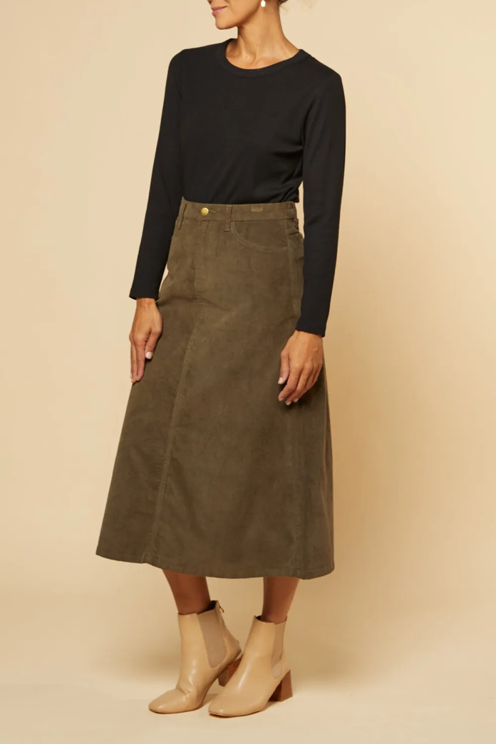 Adrift A-Line Brushed Cotton Skirt in Olive