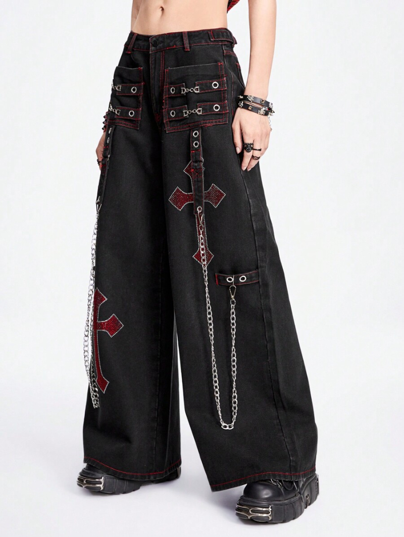 Grunge Punk Ladies Rhinestone Cross Embroidery Chicken Eye Design Wide Leg Loose Casual Jeans