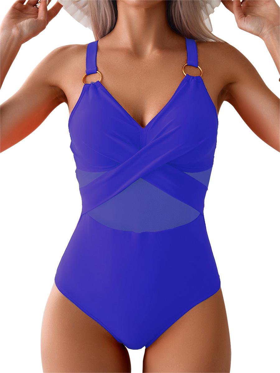 One-piece swimsuit for women solid color mesh bikini swimsuit