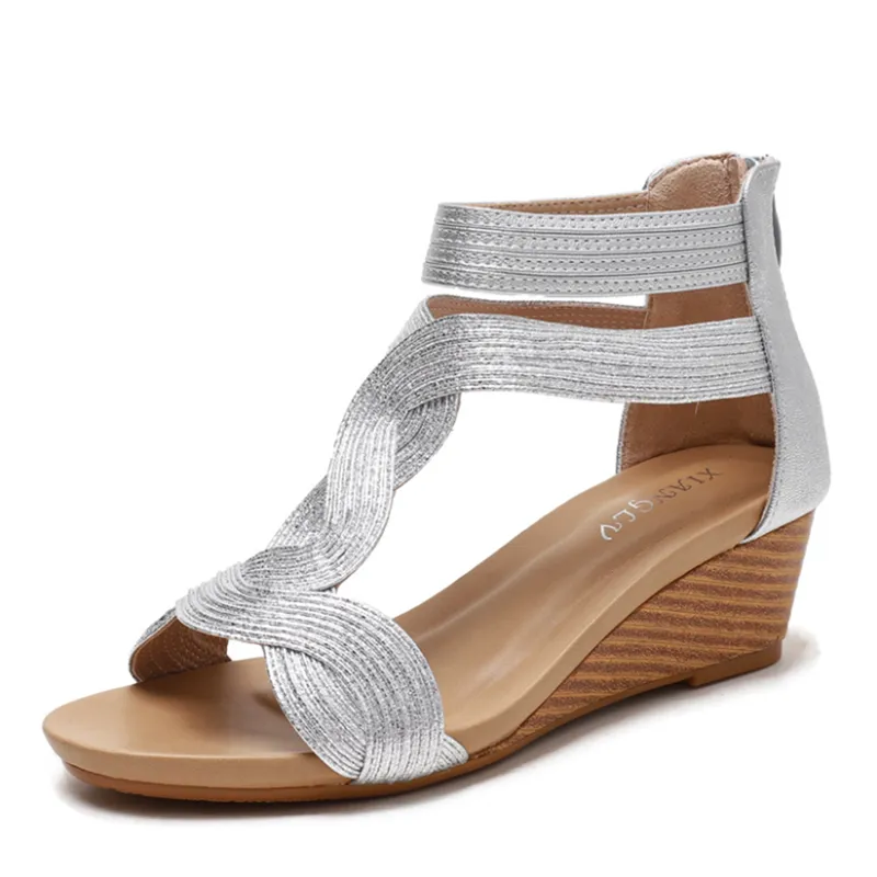 Summer Sandals Women Wedges Shoes Soft Leather T Strap Zipper Open Cover Heel Design Ladies Shoes