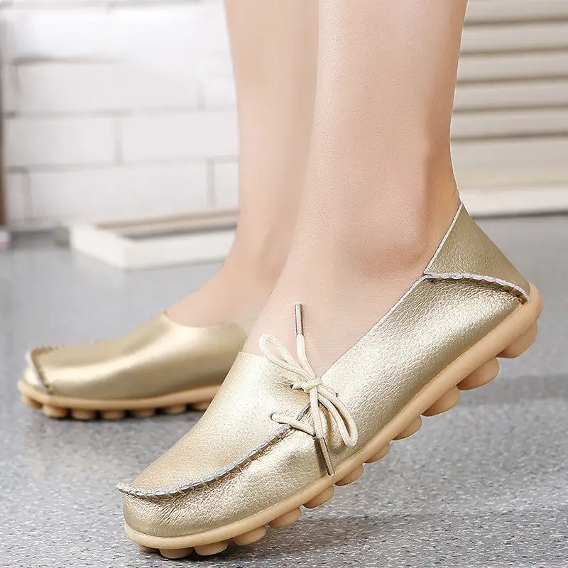 New Moccasins Women Flats Autumn Woman Loafers Genuine Leather Female Shoes Slip On Ballet Bowtie Women's Shoe