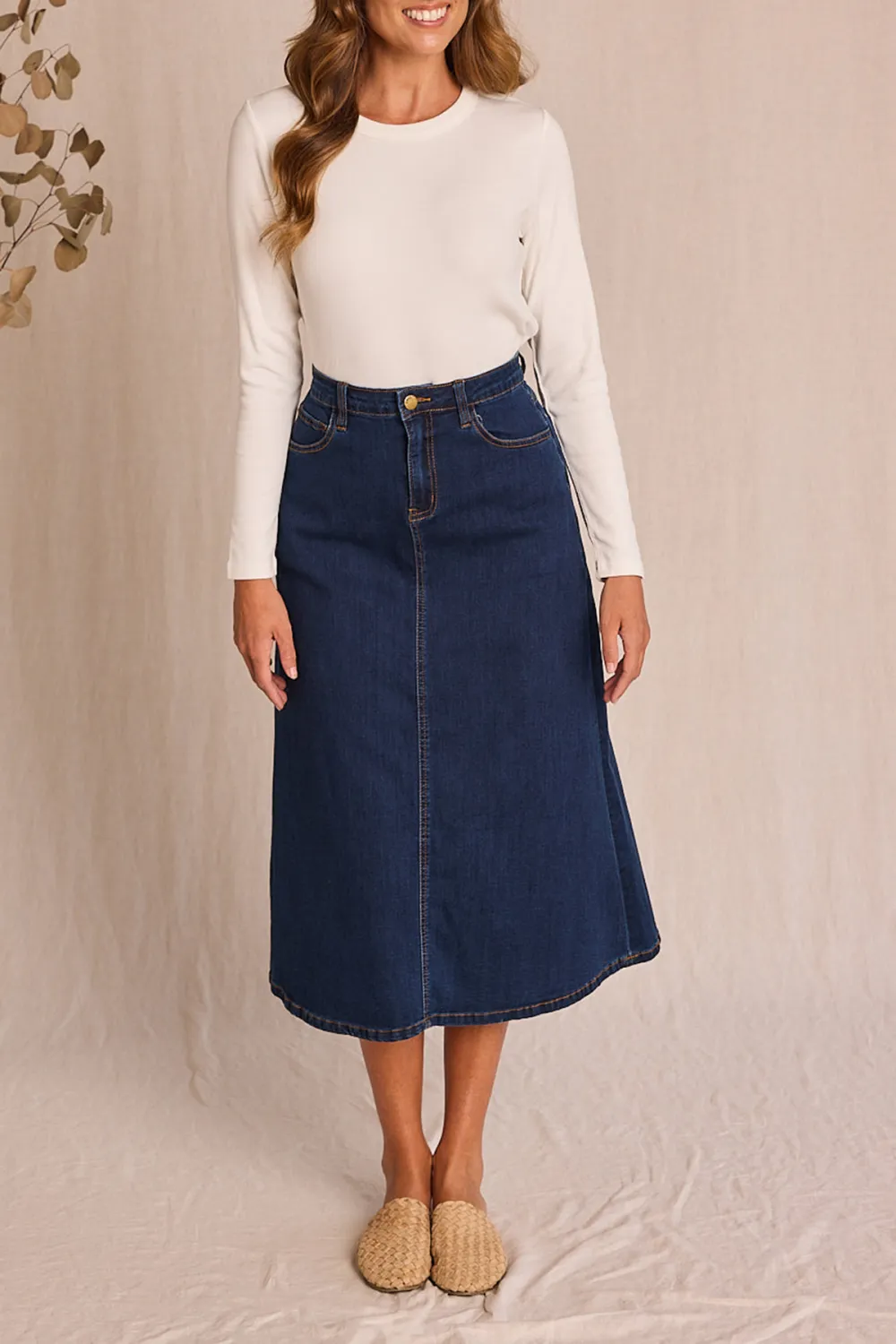 Adrift Denim A-Line Skirt in Mid Wash