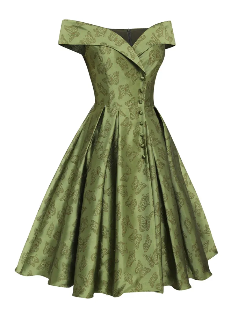 GREEN 1950S OFF-SHOULDER VINTAGE DRESS